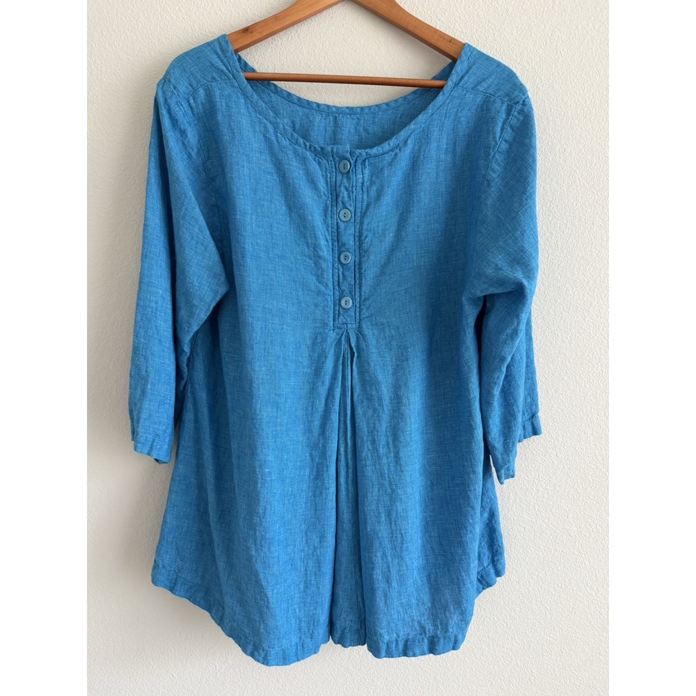 Flax Linen Tunic Blouse Womens Large Blue Lagenlook Travel Beachy Vacation Boho - Picture 3 of 10